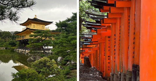 Side-by-side images of iconic Kyoto landmarks: on the left, Kinkaku-ji (Golden Pavilion) reflected in a calm pond surrounded by lush greenery; on the right, the vivid orange torii gates of Fushimi Inari Shrine forming a tunnel-like path.
